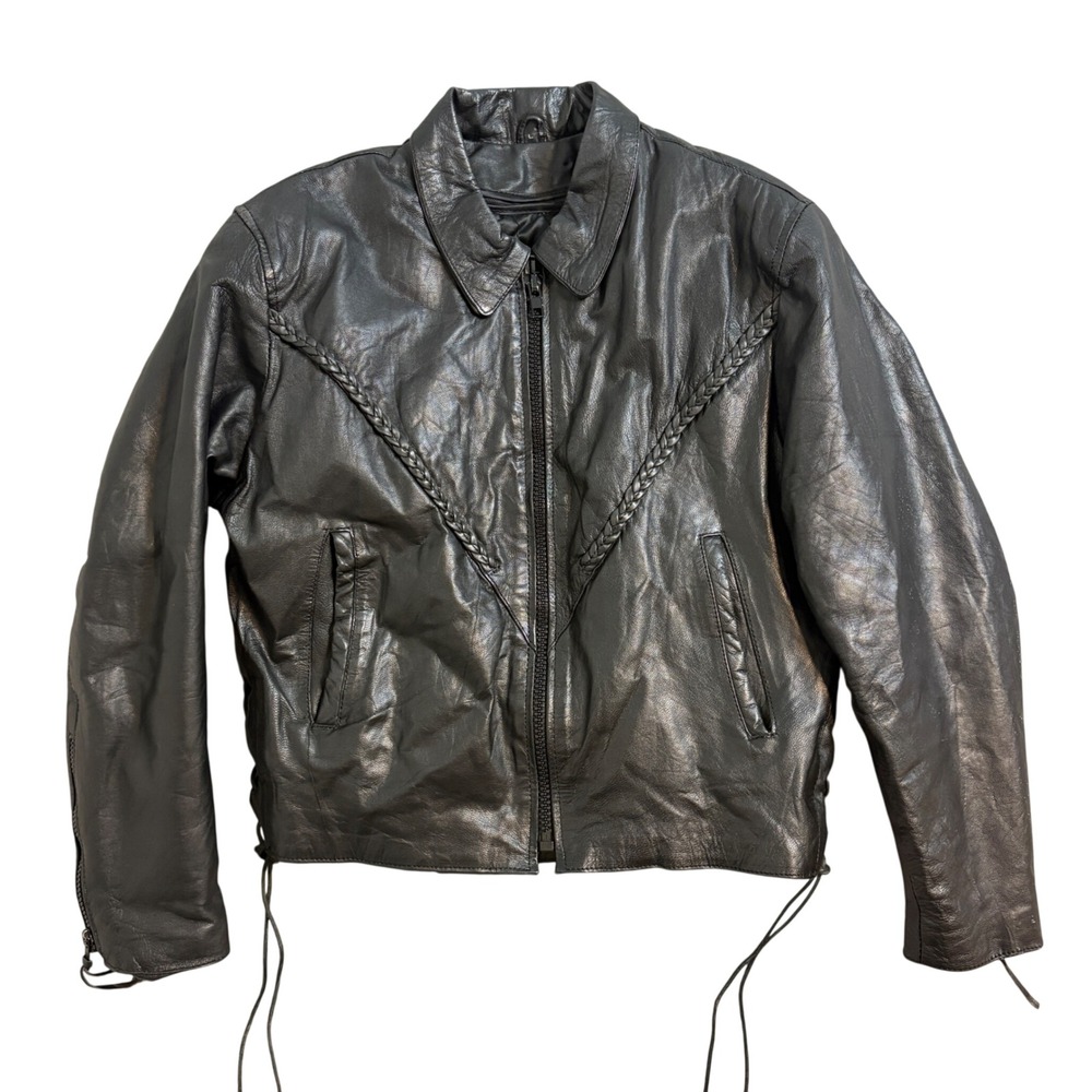 Silver Bike Black Leather Motorcycle Jacket Braided Trim Zip Out Liner Mens L